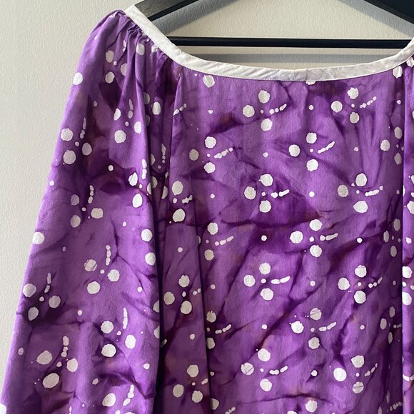 Handmade Plus Size Cotton Batik Purple White Print V-Neck Dress - Picture 7 of 9